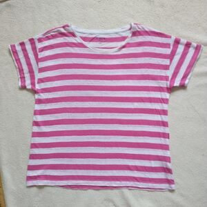 J Crew Linen Tee Top Womens L Pink Striped Knit Colorful Preppy T Shirt